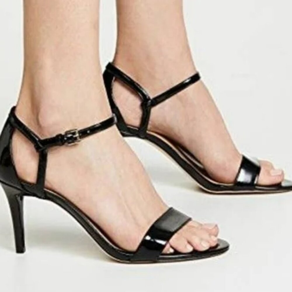 Michael Kors Simone Mid Sandal Black Patent Ankle Strap Heel Women's 7.5 NEW